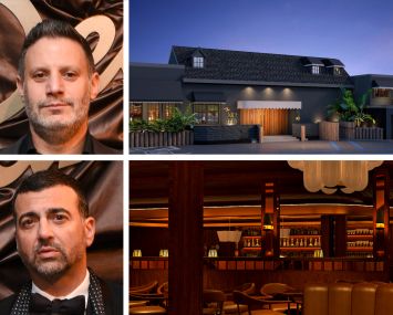 The h.wood Group's Brian Toll (top left) and John Terzian (bottom left), a rendering of The Nice Guy in Newport Beach, Calif. (top right) and a rendering of the interior of Montana's in Brentwood, Calif.