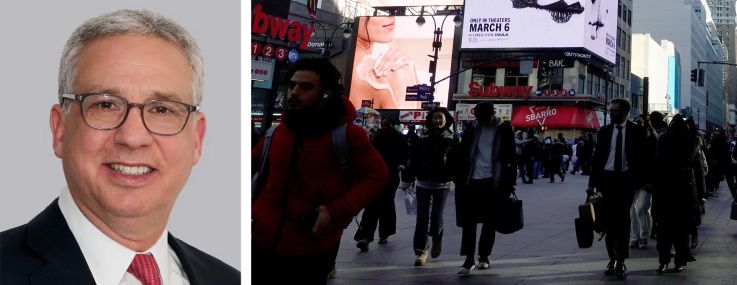 Cushman & Wakefield's Bruce Mosler (top) and Josh Kuriloff, and an entrance to Penn Station.