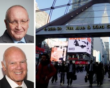 Cushman & Wakefield's Bruce Mosler (top), Vornado's Steven Roth, and an entrance to Penn Station.