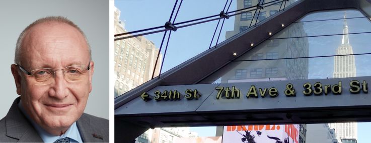 Cushman & Wakefield's Bruce Mosler (top), Vornado's Steven Roth, and an entrance to Penn Station.