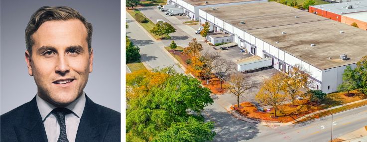 Chris Kramer (top), Jordan Roeschlaub of Newmark, and one of the properties in the portfolio at 950-1000 Lunt Avenue, Elk Grove Village, Ill.