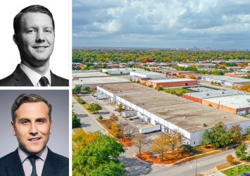 Chris Kramer (top), Jordan Roeschlaub of Newmark, and one of the properties in the portfolio at 950-1000 Lunt Avenue, Elk Grove Village, Ill.