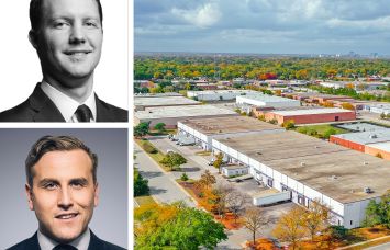 Chris Kramer (top), Jordan Roeschlaub of Newmark, and one of the properties in the portfolio at 950-1000 Lunt Avenue, Elk Grove Village, Ill.