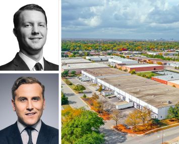 Chris Kramer (top), Jordan Roeschlaub of Newmark, and one of the properties in the portfolio at 950-1000 Lunt Avenue, Elk Grove Village, Ill.