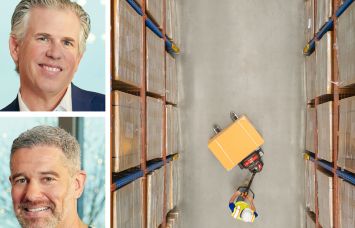 Lincoln Property Company's Clay Duvall (top) and David Binswanger, and a worker pulling a pallet jack in a warehouse.