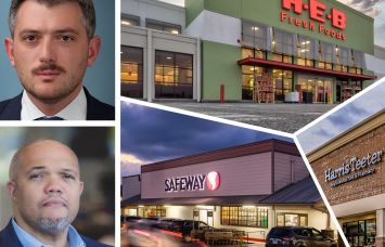 CBRE Investment Management's Colin Rosenbaum (top left), MCB Real Estate's P. David Bramble (bottom left), Marketplace Shopping Center in Temple, Texas (top right), Riverview Shopping Center in Durham, N.C. (far right), and Kauai Village Shopping Center in Kapa'a, Hawaii.