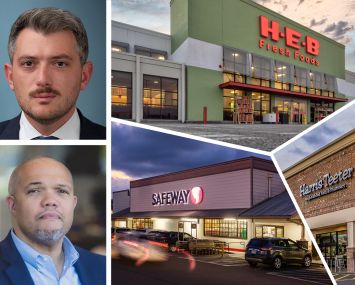 CBRE Investment Management's Colin Rosenbaum (top left), MCB Real Estate's P. David Bramble (bottom left), Marketplace Shopping Center in Temple, Texas (top right), Riverview Shopping Center in Durham, N.C. (far right), and Kauai Village Shopping Center in Kapa'a, Hawaii.