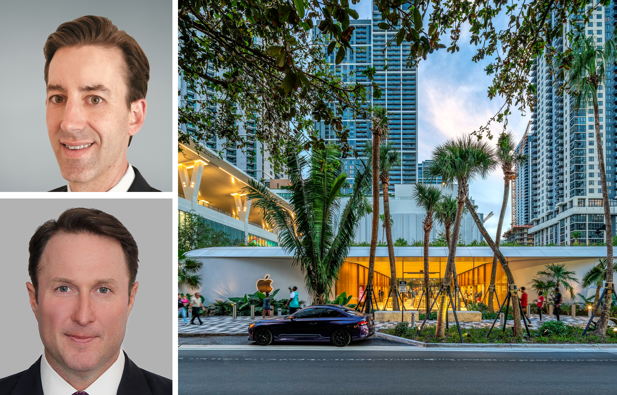 Newmark's Conor Lalor (top) and Adam Spies and Miami Worldcenter.
