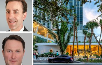 Newmark's Conor Lalor (top) and Adam Spies and Miami Worldcenter.
