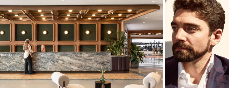 An interior of Convene, 30 Hudson Yards and Ryan Simonetti, CEO and co-founder of CHG.