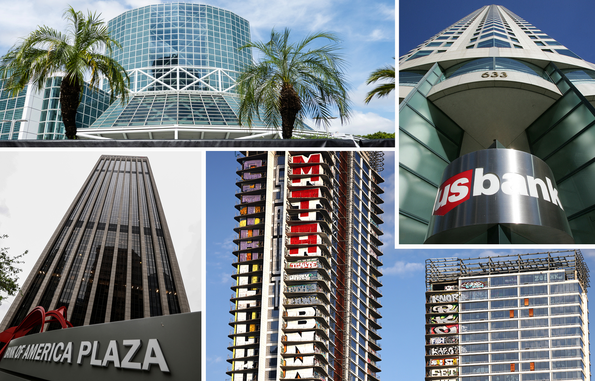 Clockwise from top left: Los Angeles Convention Center, U.S. Bank Tower, Oceanwide Plaza, and Bank of America Plaza in Los Angeles.