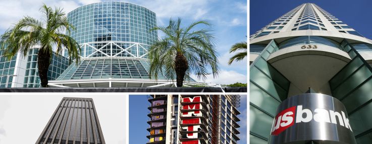 Clockwise from top left: Los Angeles Convention Center, U.S. Bank Tower, Oceanwide Plaza, and Bank of America Plaza in Los Angeles.