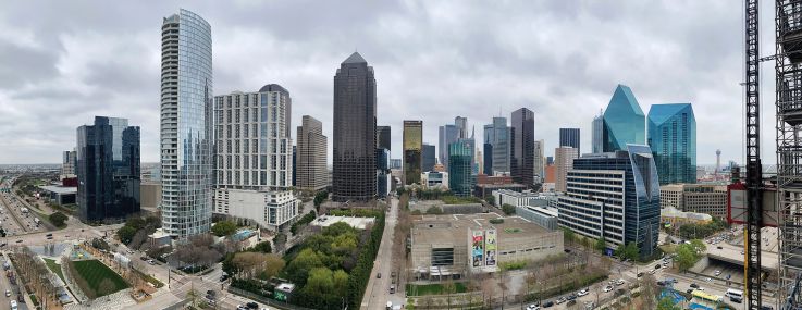 A panoramic view of the Dallas skyline.