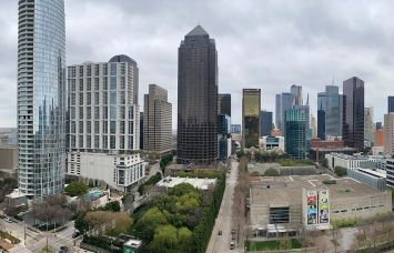 A panoramic view of the Dallas skyline.