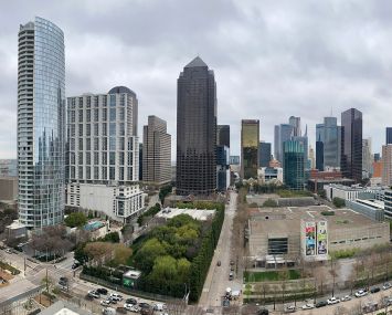 A panoramic view of the Dallas skyline.