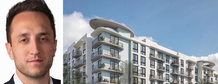 Daniel Jacobs, managing partner at Asia Capital Real Estate, and a rendering of Adela II at MiMo Bay in Miami.