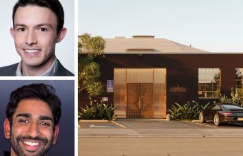 Drake Walker (top) and Sanjay Mattela, co-founders of Stableford, and a rendering of a private golf and lifestyle members’ club concept set for 2055 South Barrington Avenue in Greater Los Angeles.