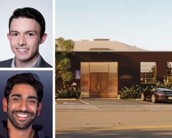 Drake Walker (top) and Sanjay Mattela, co-founders of Stableford, and a rendering of a private golf and lifestyle members’ club concept set for 2055 South Barrington Avenue in Greater Los Angeles.