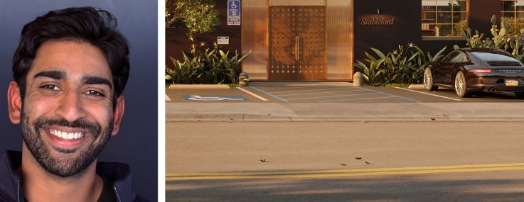 Drake Walker (top) and Sanjay Mattela, co-founders of Stableford, and a rendering of a private golf and lifestyle members’ club concept set for 2055 South Barrington Avenue in Greater Los Angeles.
