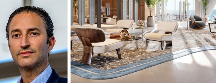 Fortune International's Edgardo DeFortuna (top), Chateau Group's Manuel Grosskopf, and a rendering of St. Regis Residences, Sunny Isles North Tower lobby.