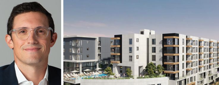 Affinius Capital's Eric Cohen and a rendering fo The Carina at 2828 North Main Street, Santa Ana, Calif.