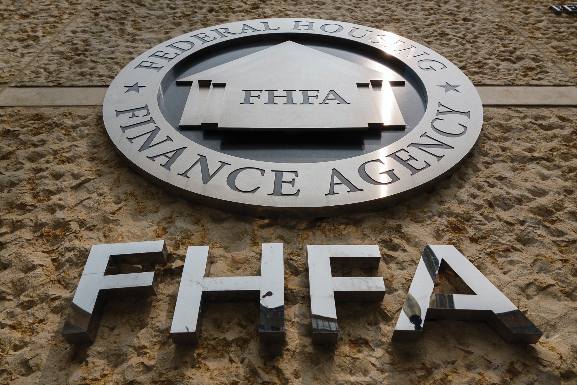 logo is displayed outside of the Federal Housing Finance Agency (FHFA) offices in Washington D.C.