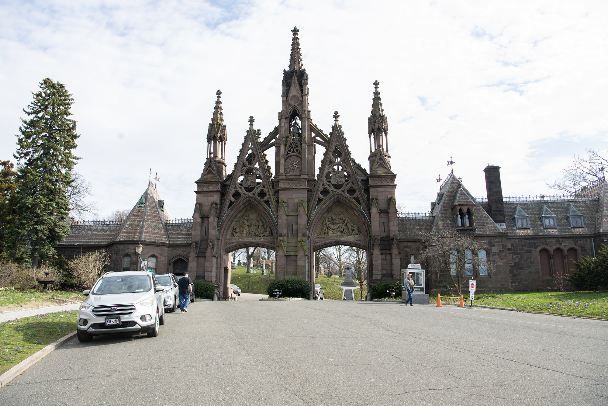 Gothic brownstone arches welcome visitors to the Green-Wood Cemetery.