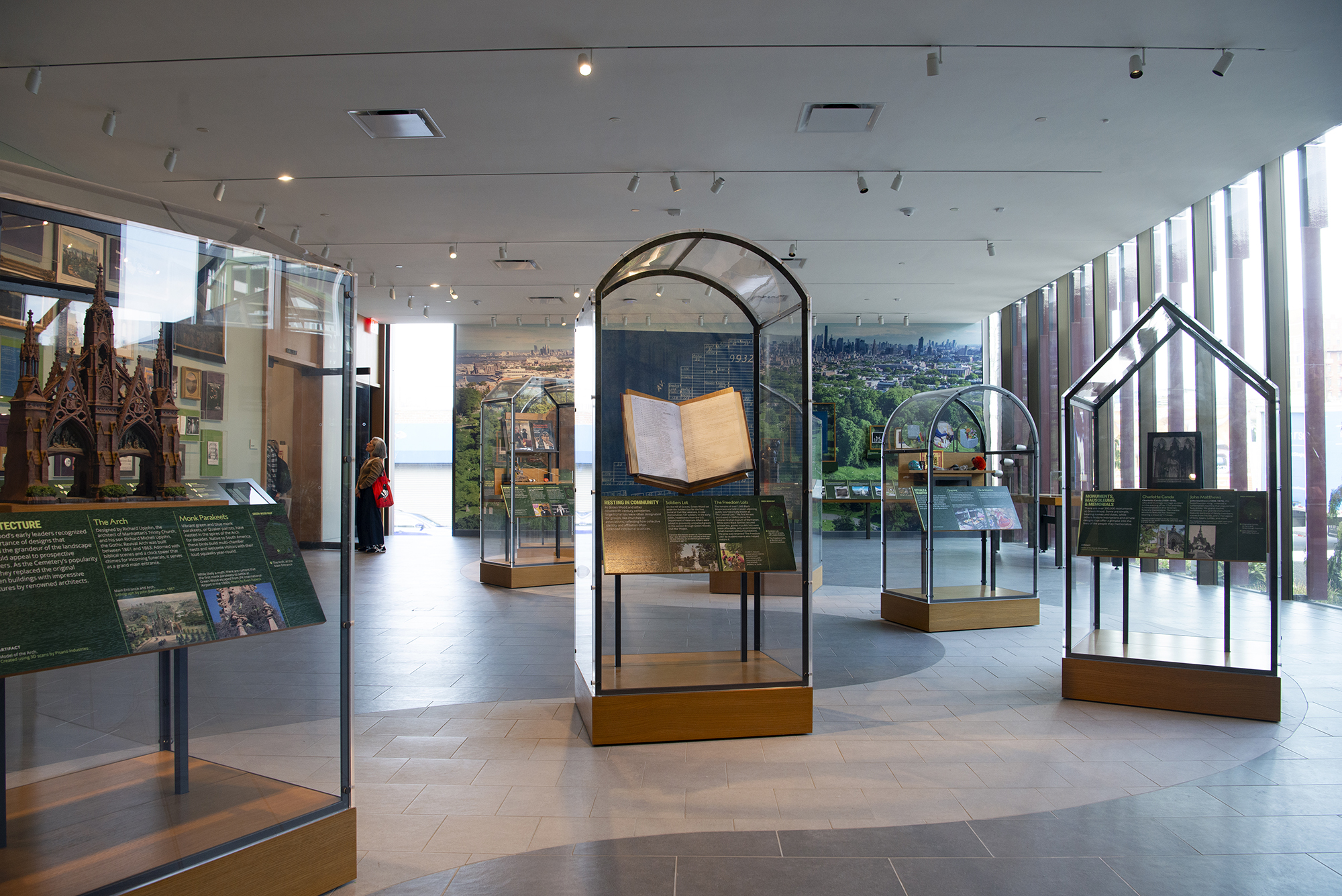 The gallery space features displays about the history of Green-Wood and objects that once belonged to the cemetery's permanent residents.