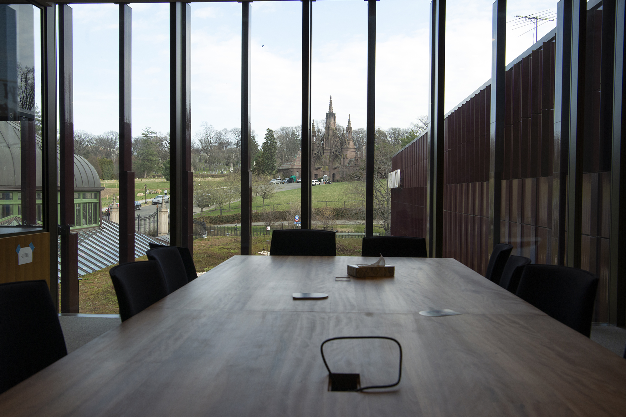 The staff conference room on the second floor provides a perfect view to the Gothic arches at the top of the hill.