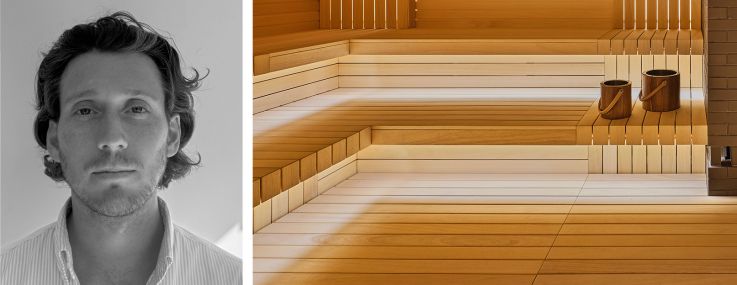 Madeleine Naro (top), Hank O'Donnell of GoodSpace, and a sauna interior.