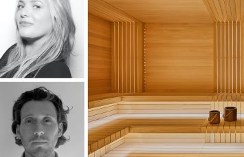 Madeleine Naro (top), Hank O'Donnell of GoodSpace, and a sauna interior.