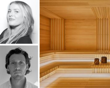 Madeleine Naro (top), Hank O'Donnell of GoodSpace, and a sauna interior.