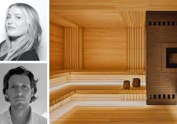 Madeleine Naro (top), Hank O'Donnell of GoodSpace, and a sauna interior.