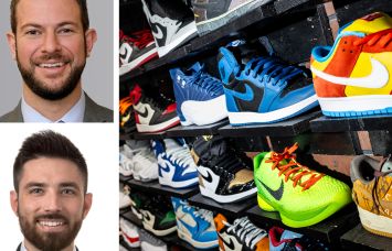 Cushman & Wakefield's Ian Lerner (top) and Ed Nelson, and a wall of sneakers on display.