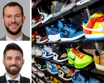 Cushman & Wakefield's Ian Lerner (top) and Ed Nelson, and a wall of sneakers on display.