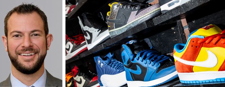 Cushman & Wakefield's Ian Lerner (top) and Ed Nelson, and a wall of sneakers on display.
