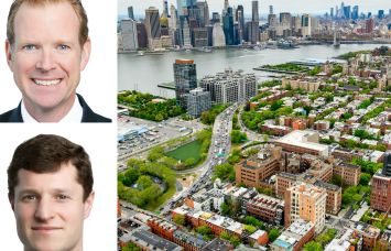 Avison Young's James Nelson (top) and Brandon Polakoff, and an aerial view of Brooklyn and Manhattan.