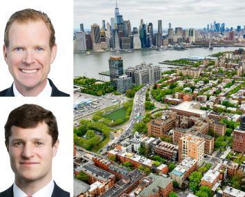 Avison Young's James Nelson (top) and Brandon Polakoff, and an aerial view of Brooklyn and Manhattan.