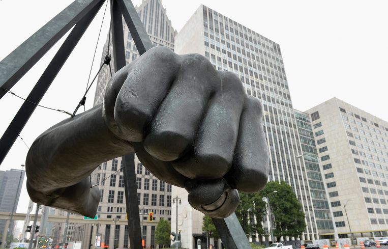 The monument to boxer Joe Louis, "The Fist" by Robert Graham in Detroit.