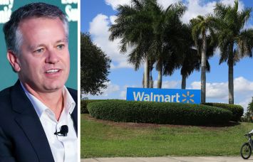 Walmart CEO John Furner and a sign outside a Walmart store in Florida.