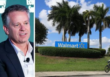 Walmart CEO John Furner and a sign outside a Walmart store in Florida.