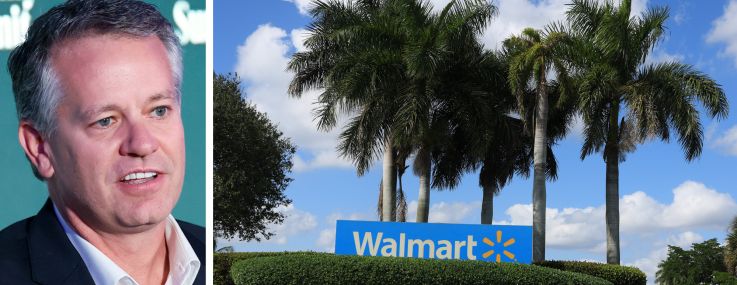Walmart CEO John Furner and a sign outside a Walmart store in Florida.