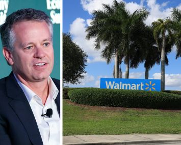 Walmart CEO John Furner and a sign outside a Walmart store in Florida.