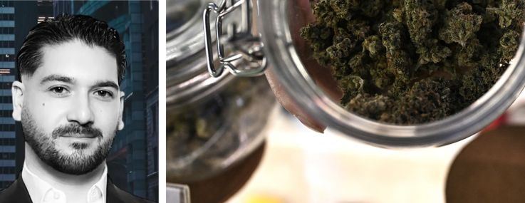 Colliers's Joshua Kleinberg (top), X Real Estate's Louis Cotrone, and a display at a cannabis dispensary.