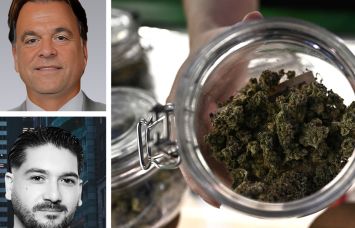 Colliers's Joshua Kleinberg (top), X Real Estate's Louis Cotrone, and a display at a cannabis dispensary.