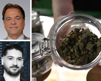 Colliers's Joshua Kleinberg (top), X Real Estate's Louis Cotrone, and a display at a cannabis dispensary.