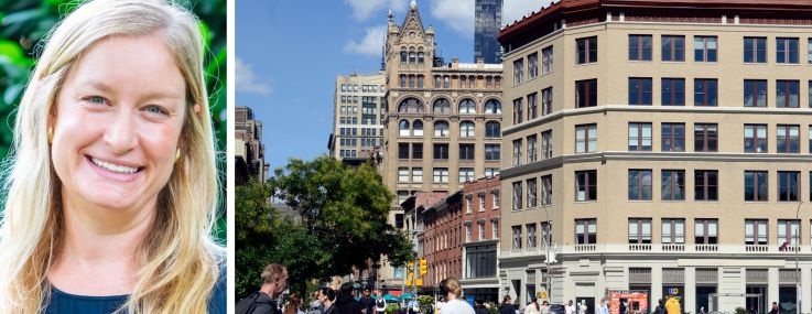 Julie Stein, executive director of Union Square Partnership, and pedestrians walk through Union Square.