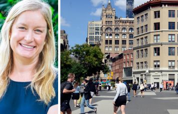 Julie Stein, executive director of Union Square Partnership, and pedestrians walk through Union Square.