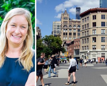 Julie Stein, executive director of Union Square Partnership, and pedestrians walk through Union Square.