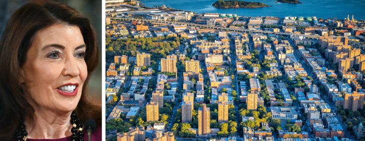 Gov. Kathy Hochul, and an aerial view of The Bronx.